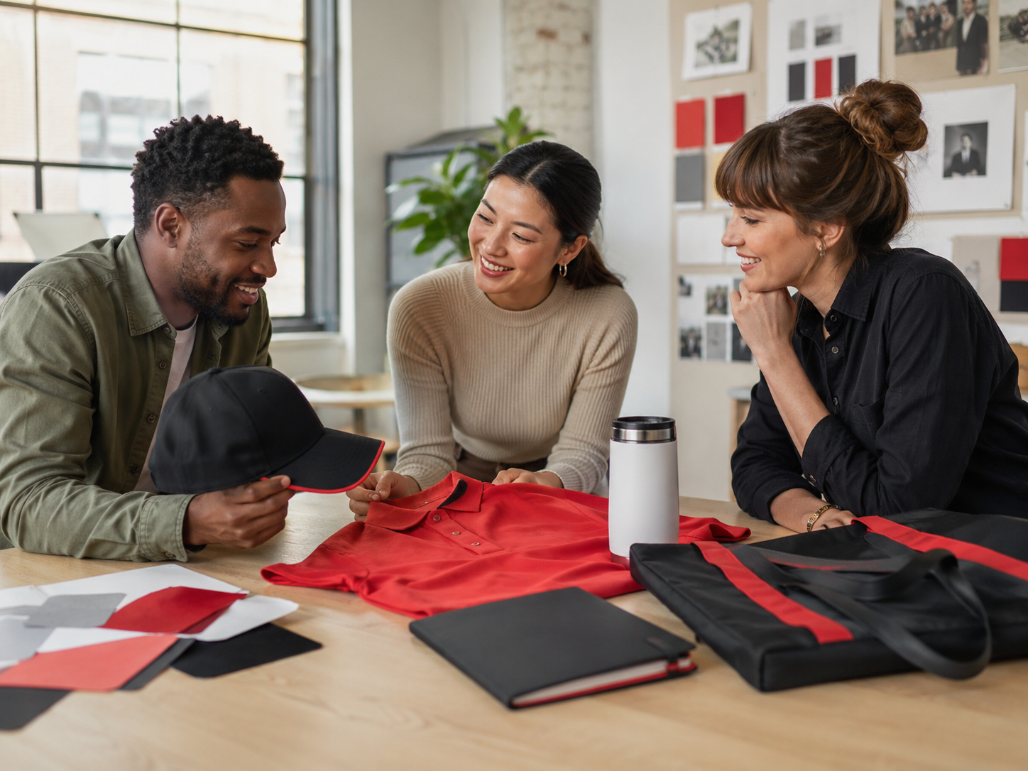 A friendly creative team reviewing branded apparel and merchandise